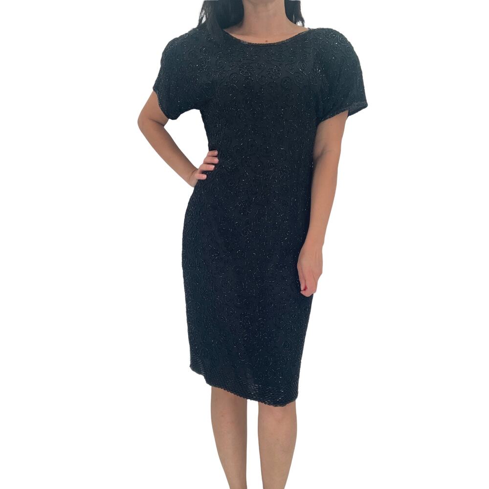 Vintage STENAY Silk Beaded Dress Size 10 / Modern M Black Classic Back